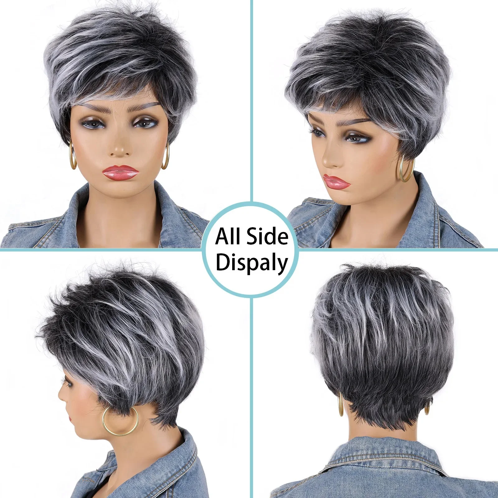 Soft & Healthy Synthetic Mommy Hair Natural Grey Ombre Short Curly Wigs with Bangs Daily Cosplay Party Wig for Women