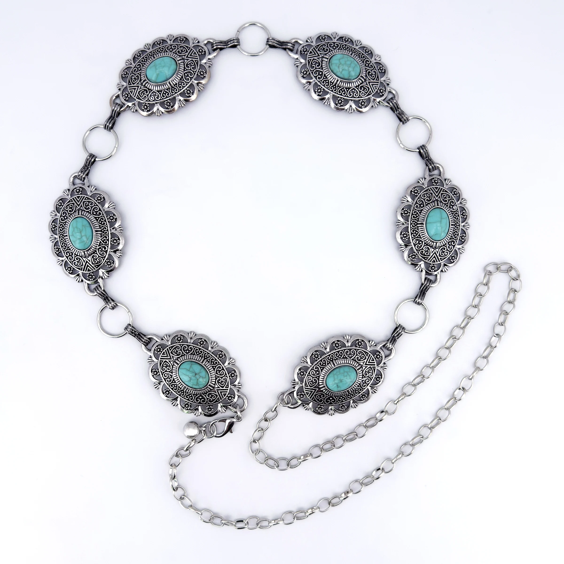 Westlicher Vintage-Ethno-Stil, hohler ovaler Gürtel mit Türkis-Einlage, luxuriöser Damen-Metallgürtel, passend zum Rock, für einen gehobenen modischen Auftritt – Detail 3