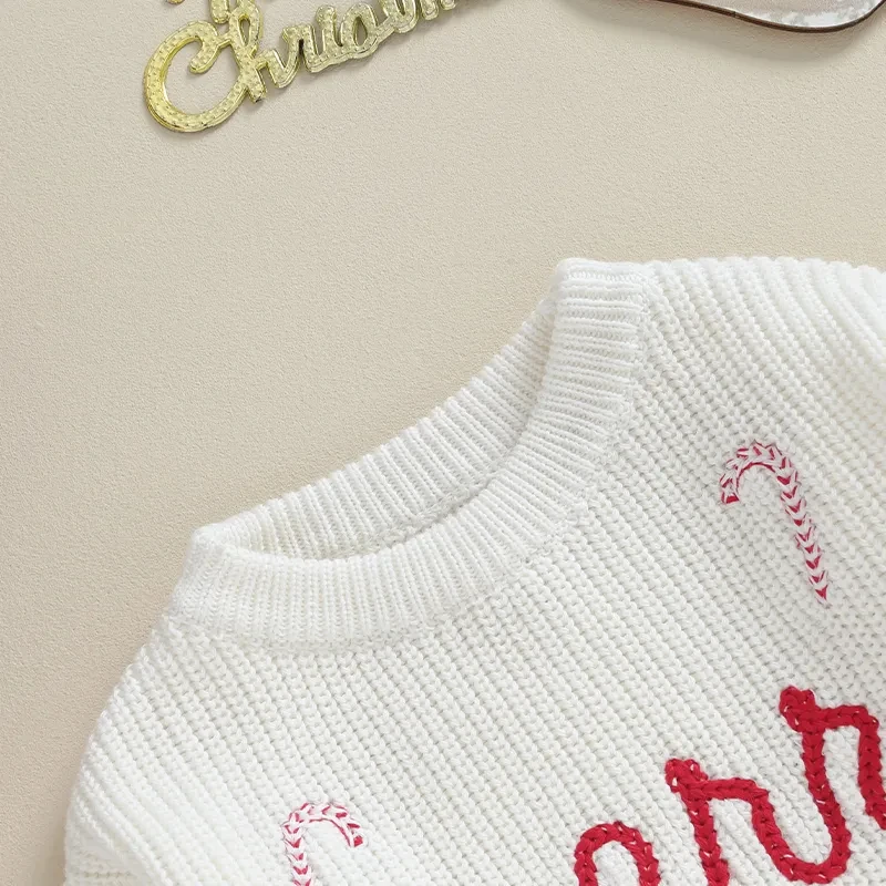 Merry Christmas Children Clothes Girls Boys Knitted Sweaters Long Sleeve Candy Cane Embroidery Crochet Pullover Kids Knitwear