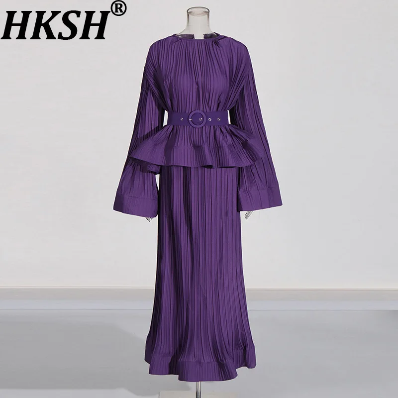 

HKSH Autumn New Women French Style High Sense Fashion Two-Piece Sets Ins Flared Ruffled Sashes Top Trendy Pleated Skirts HK9036