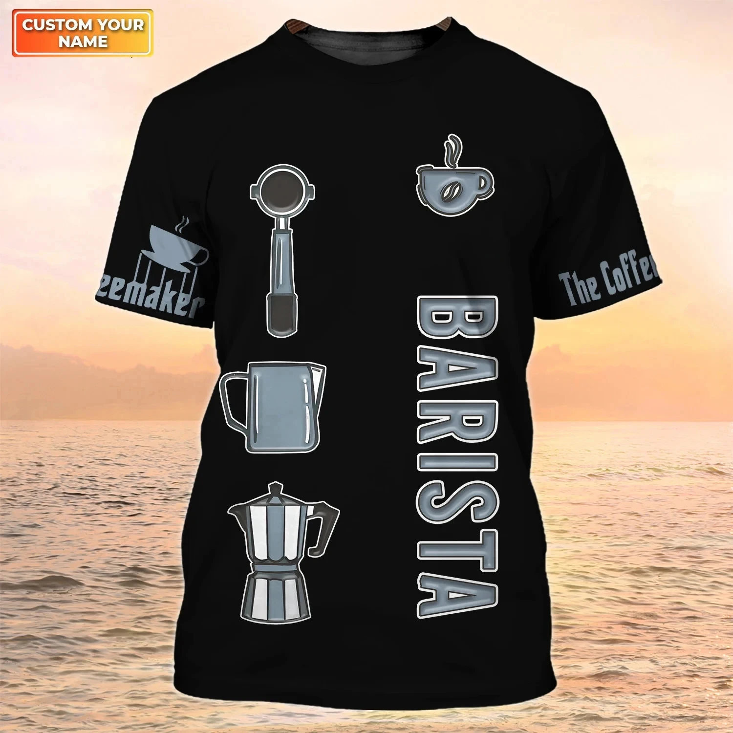 Fashionable New Personalized Coffee Shop Uniform Men\'s T-shirt Barista Summer Casual Comfortable Round Neck Short Sleeved