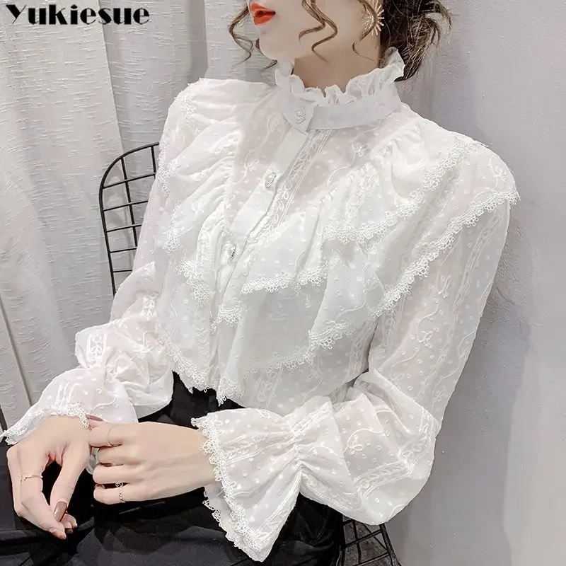 Haut plissé à col montant coréen, couture à volants, loisirs, Harajuku, chemisier élégant en dentelle, manches longues, chemises amples en mousseline de soie, printemps