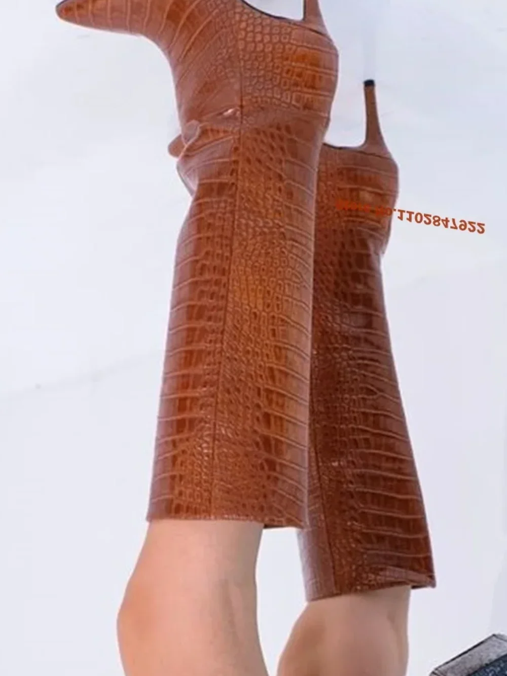 Pointed Toe Thin High Heels Knee-High Slip On Women's Boots Brown Croc-Pattern Stiletto Boots Casual Winter Plus Size 46 Solid