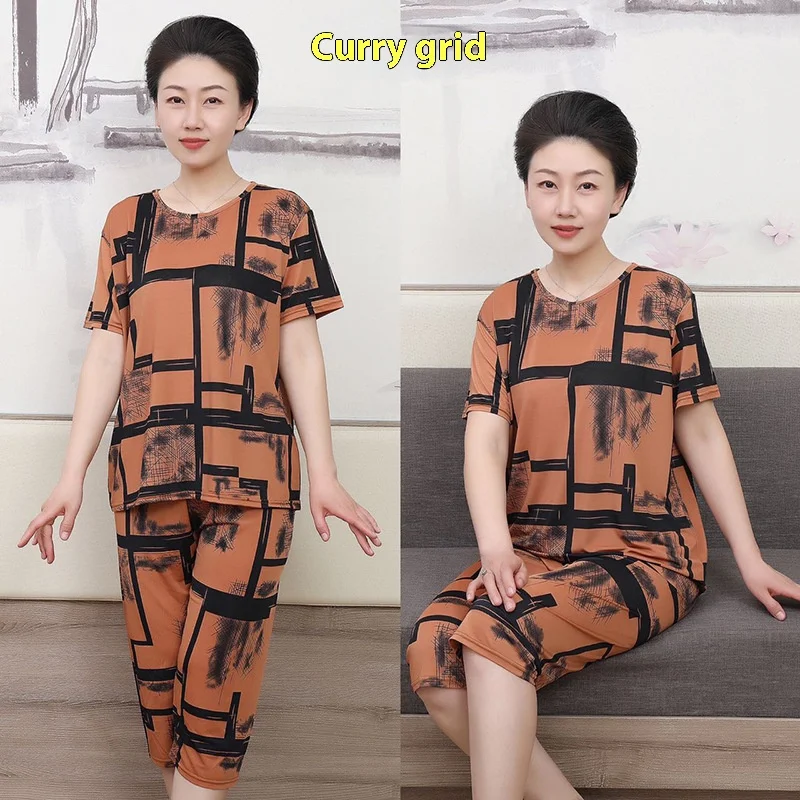 Summer Mom\'s Pajamas Homewear Summer Ice Silk Women\'s Elderly Clothes Grandmother Casual Fashion Suit Elderly Ladies Short-Sleev