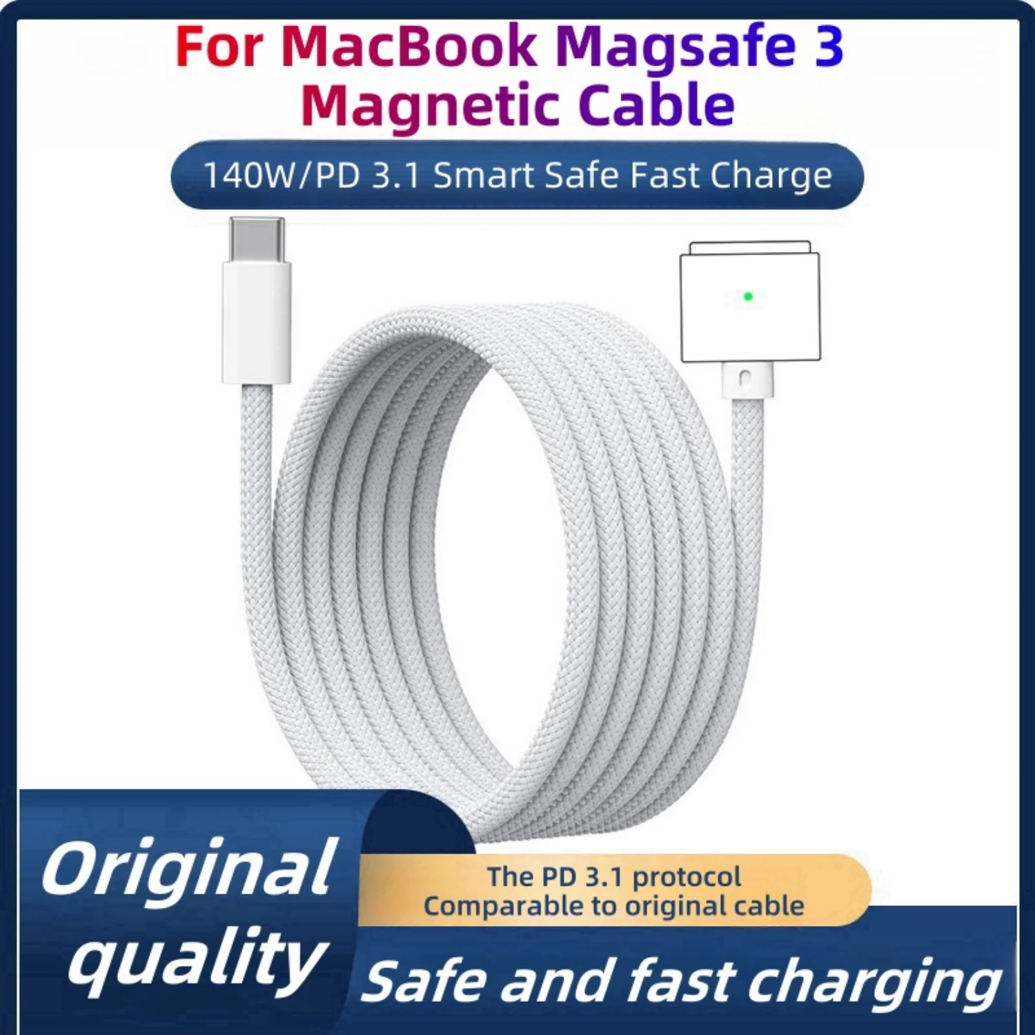 Кабель USB-C — Magsafe 3, 140 Вт, зарядка для MacBook Pro 2023 (M2,14/16 дюймов), MacBook Air 2022 (M2), MacBook Pro 2021 (M1,14/16 дюймов)