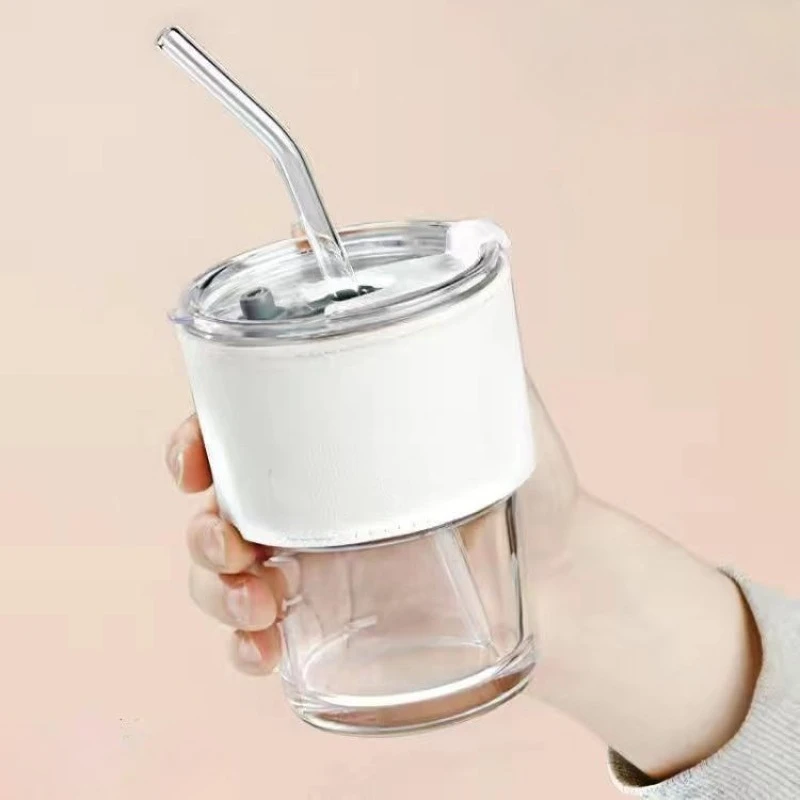 

400ML White Amber Cup with Lid and Straw, Large Capacity Glass Cup, Milk Tea, Juice, Coffee Cup, Heat-resistant