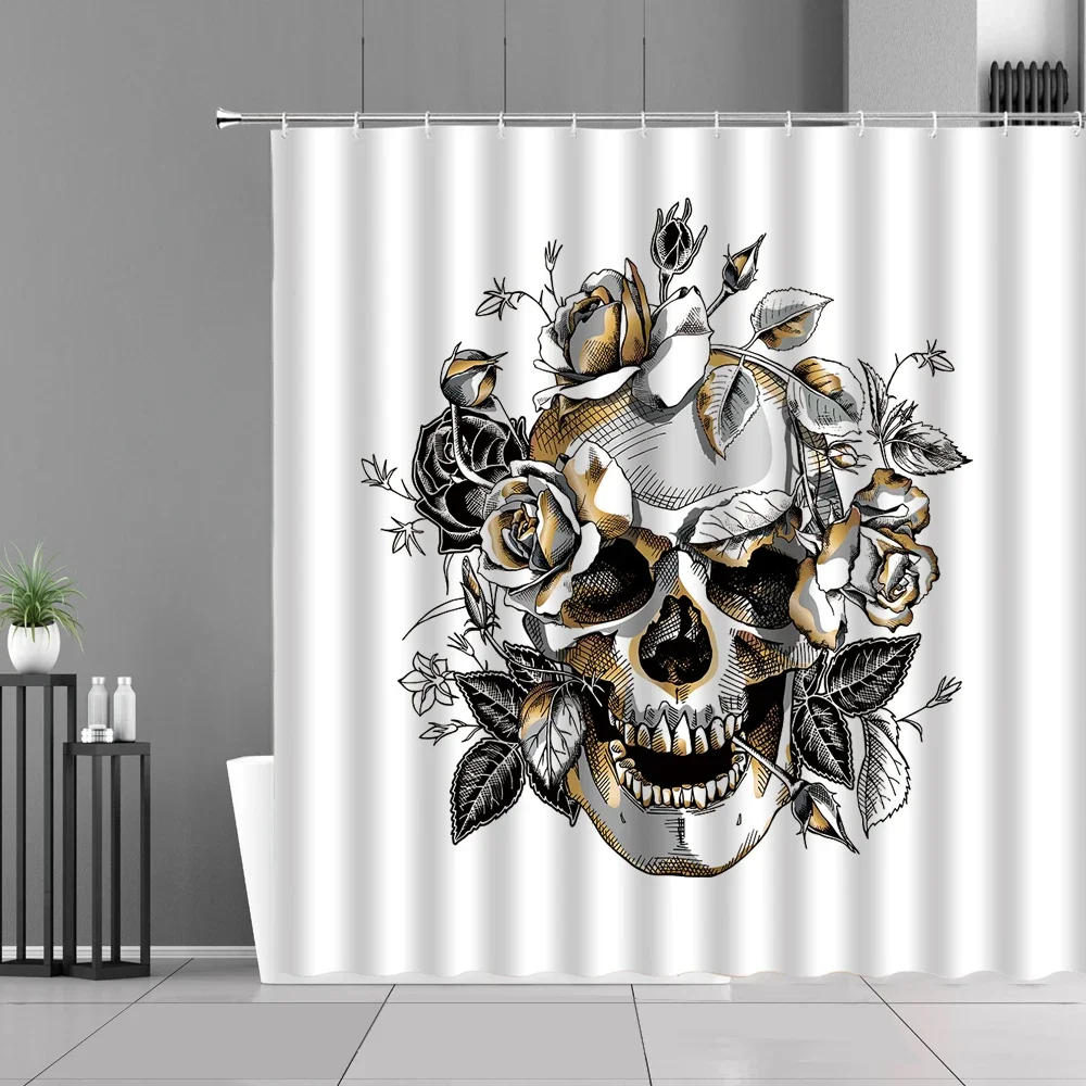 Gothic Shower Curtain Tattoo Girl Sugar Skull Shower Curtain Black Gray Fabric Waterproof Polyester Bathroom Curtain with Hooks