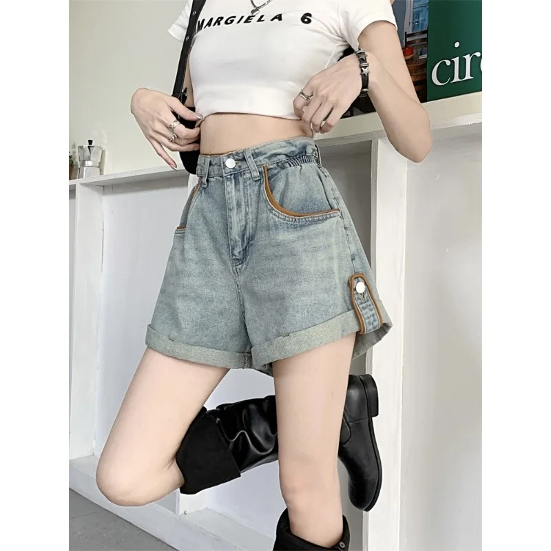 Curled Denim Women's Summer Casual High Waisted Blue Wide Leg Pants Loose Straight A-line Shorts Hot Pants