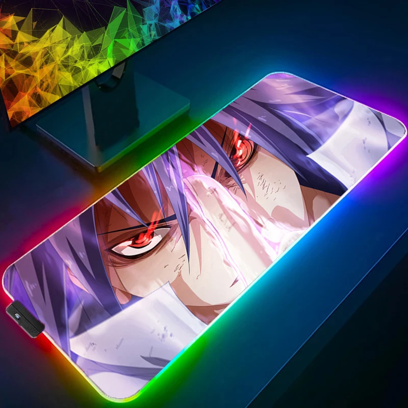 

RGB Backlight NARUTO Uchiha Sasuke Mouse Pad Anime Gabinete Gamer Computer LED Desk Mat Keyboard Gaming Accessories big Mousepad