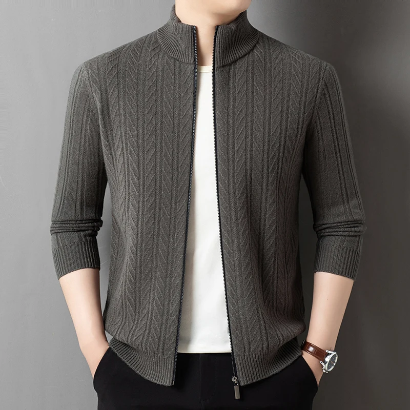 100% แกะขนสัตว์เสื้อสเวตเตอร์ถัก 2025 ผู้ชายฤดูหนาวอินเทรนด์หนาซิปเสื้อแฟชั่นผ้าขนสัตว์ชนิดหนึ่งเสื้อถักอบอุ่นแขนยาว