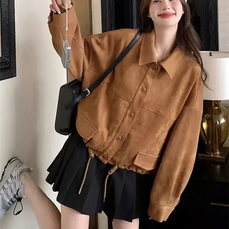 Retro Suede Short Jacket for Women in Spring and Autumn 2024 New Loose Fitting Casual and Versatile Small Jacket for Commuting S