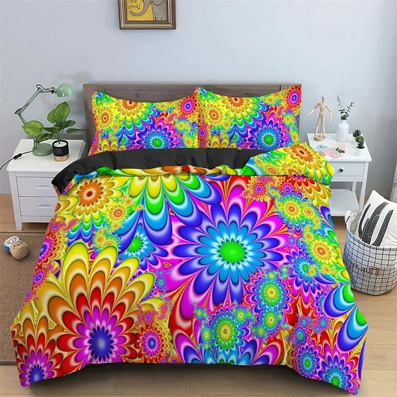 Psychedelic Swirl Duvet Cover Colorful Abstract Geometric Bedding Set Microfiber Bohemia Floral Quilt Cover King for Girls Teens