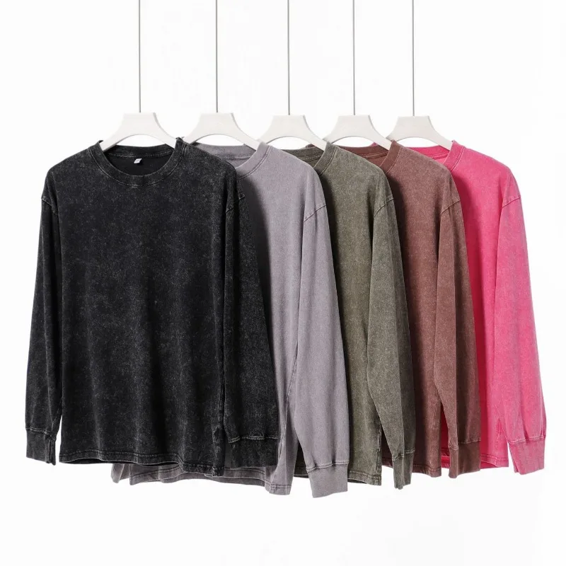 

Men's T-shirt 230g Heavyweight Pure Cotton Washed Distressed Round Neck Long Sleeve T-shirts Trendy Brand Retro Bottoming Shirt