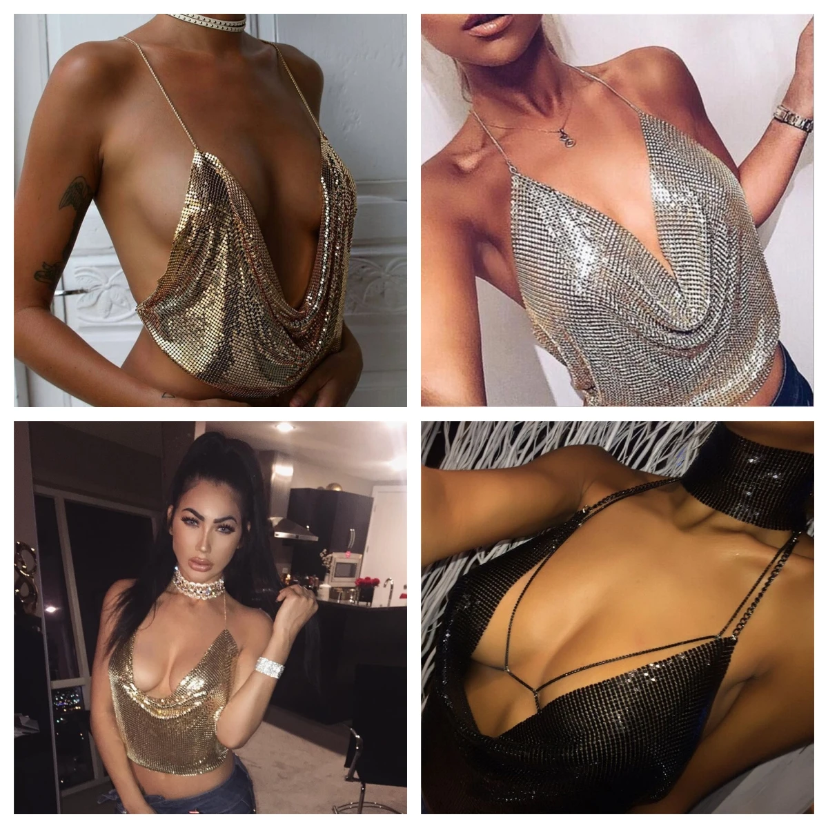 Funkelndes Gold-Silber Metall-Mesh Neckholder-Top für Damen Tiefer V-Ausschnitt Rückenfreies Crop-Top Party Club Nachtausgeh-Oberteil Cami-Weste Drophip – Detail 1