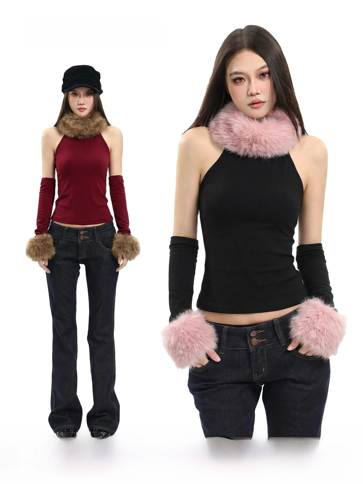 

CCUP SPACE Faionable Millennial Svel T-irt with Furry Fake Sves Warm Sli Trendy ort Length Women's Top