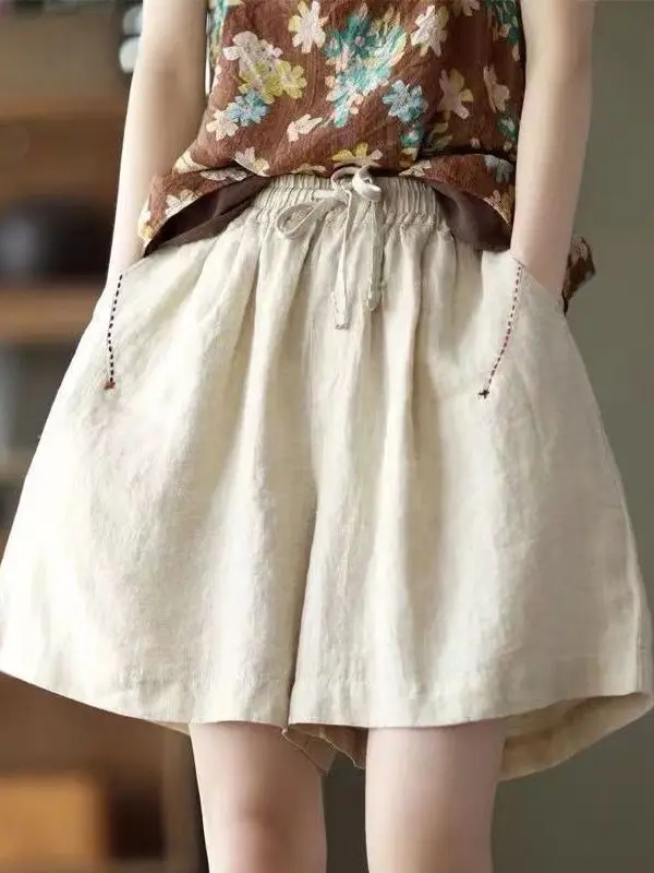 

Casual Embroidered Work Pants orts Versatile Large Size Women's Elastic Waist Five-Quarter Wide Leg Pants Summer New Arrival