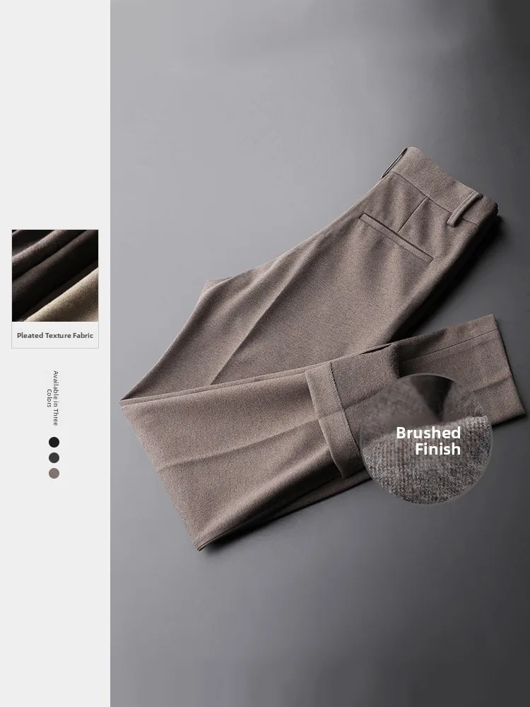 

Autumn Winter Men's Slim Fit Woolen Trousers Fce Lined Thiened Straight Leg Casual Pants Warm Busin Casual Faion