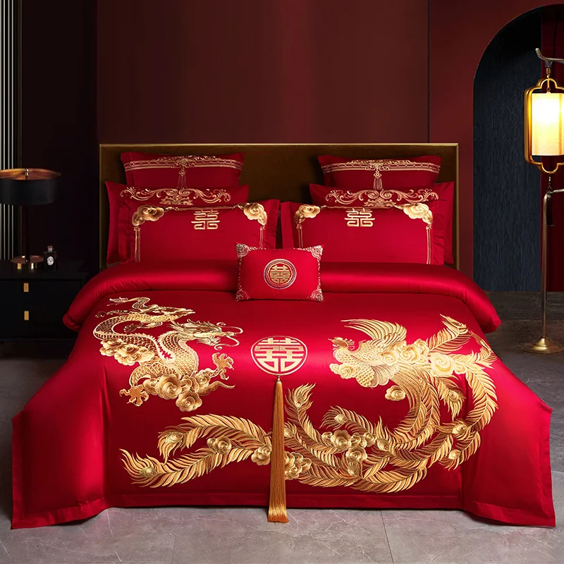 Golden Tassels Loong Phoenix Embroidery Quilt Cover Set Red Egyptian Cotton Bedding Sets Chinese Wedding  Bed Sheet Pillowcase