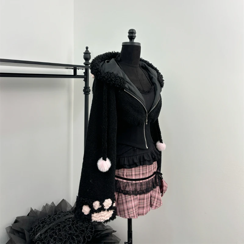 Winter Black Sweet Lolita 3 Piece Set Women Cute Bunny Hooded Coat+Bow Vest +Kawaii Plaid High Waist Skirt Gothic Y2k Outfits