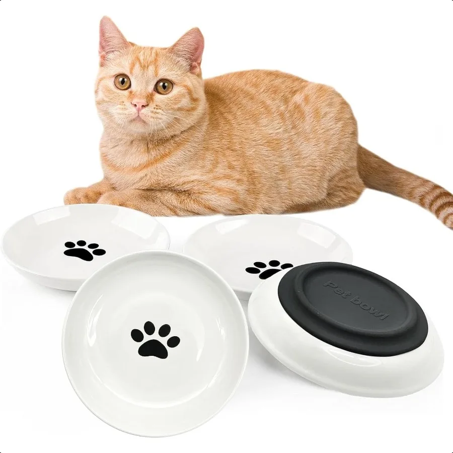 

Non Skid Cat Food Bowls Shallow Ceramic Cat Dishes with Rubber Bottom Whisker Fatigue Kitty Bowl 5.9 inch Flat Cats Plates Set
