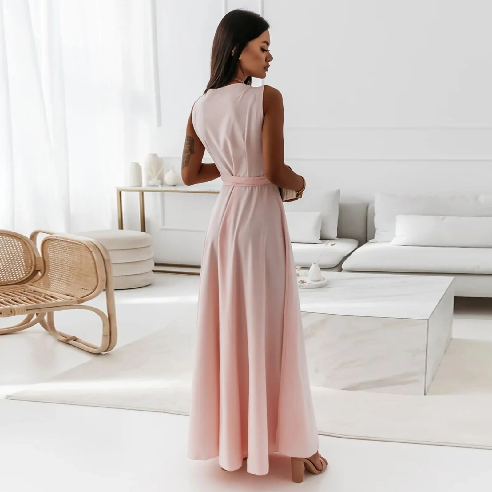 2025 sommer Neue Mode frauen Kleid Tie-neck V-ausschnitt Lange Abendkleid Kleid für Frauen Party Gala – Detail 8