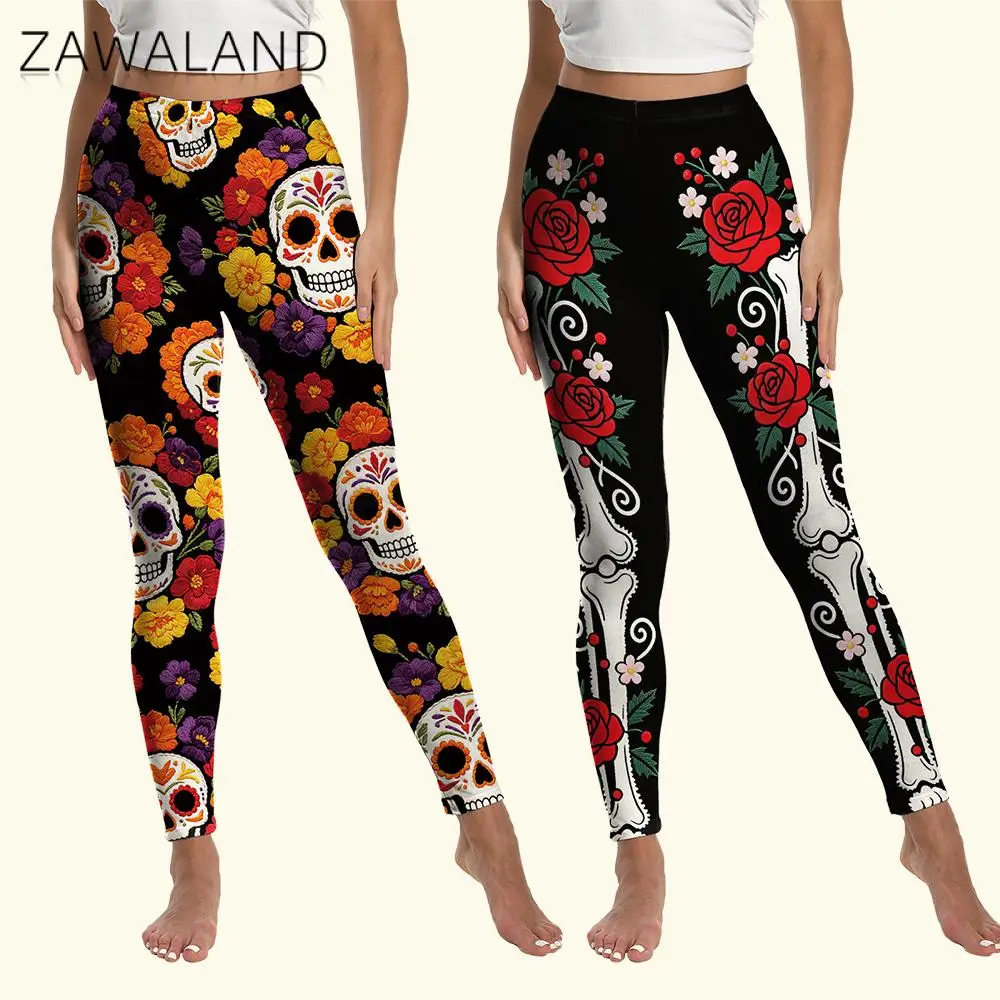 Halloween Skull Leggings Rose Skeleton Print Dia De Los Muertos Skinny Pants Mexican Festival Club Night Group Yoga Leggings