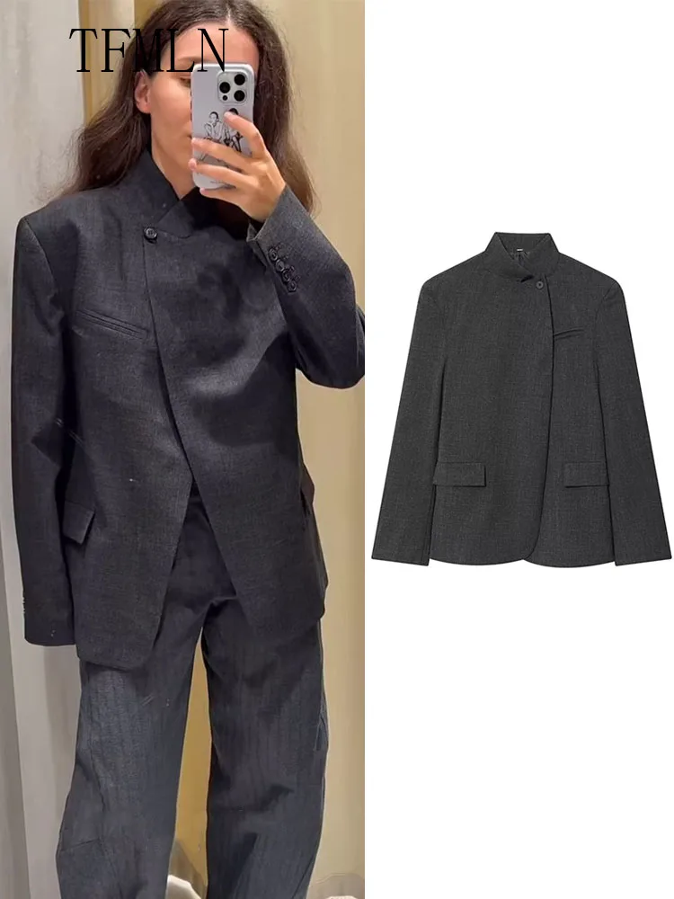 

Fashion Women Loose Blazer Jackets 2025 Autumn Office Ladies Single Button Pockets Chic Coats Retro Long Sleeve Asymmetrical Top