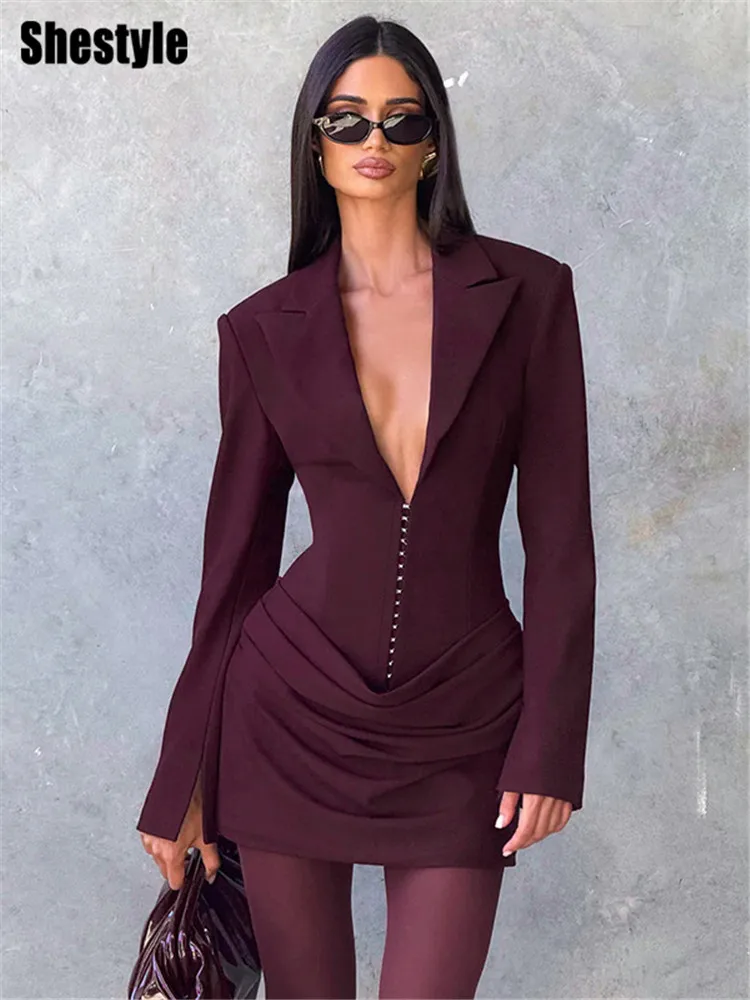 Shestyle Claret-vestido elegante para mujer, vestido de oficina con escote en V profundo, corte en A, manga larga, cuello tipo Polo, hombreras fruncidas 2026