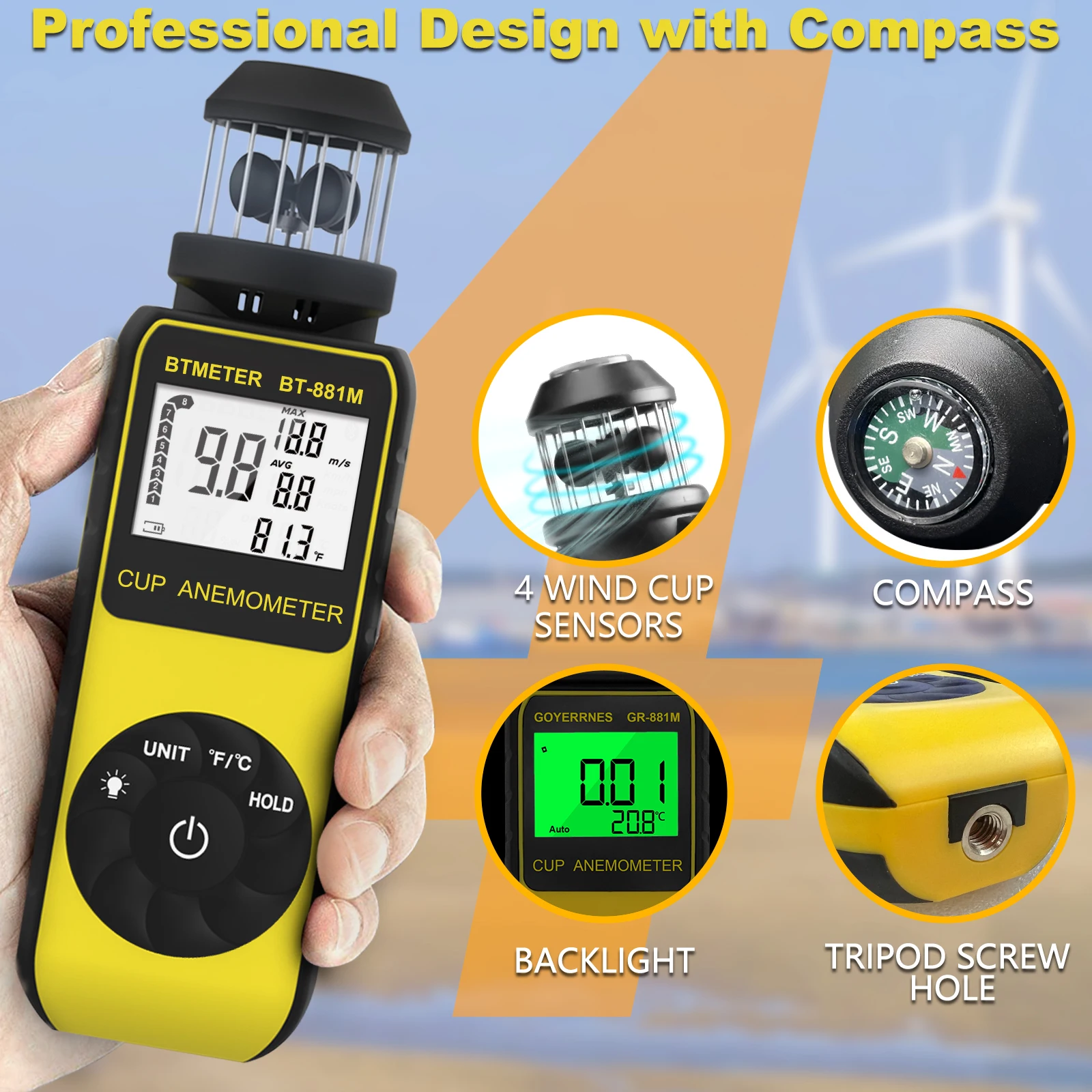 With Triangle Bracket Thread Can Be Installed Cup Anemometer, Wind Speed Measurement Range 1.5~93 MPH, Sea Surface Air Velocity