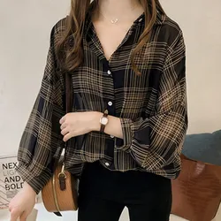 Summer Sunscreen Shirt Elegant Grid Thin Chiffon Blouse Korean Harajuku See Through Loose Top Casual Women's Cardigan Top NS5804