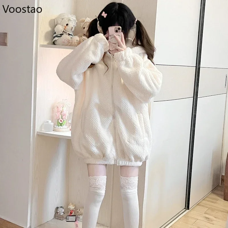 Sweet Lolita Style Rabbit Ears Hooded Coats Women Autumn Winter Fashion Oversize Warm Jackets Cute Y2k Bunny Zipper Sweatshirt