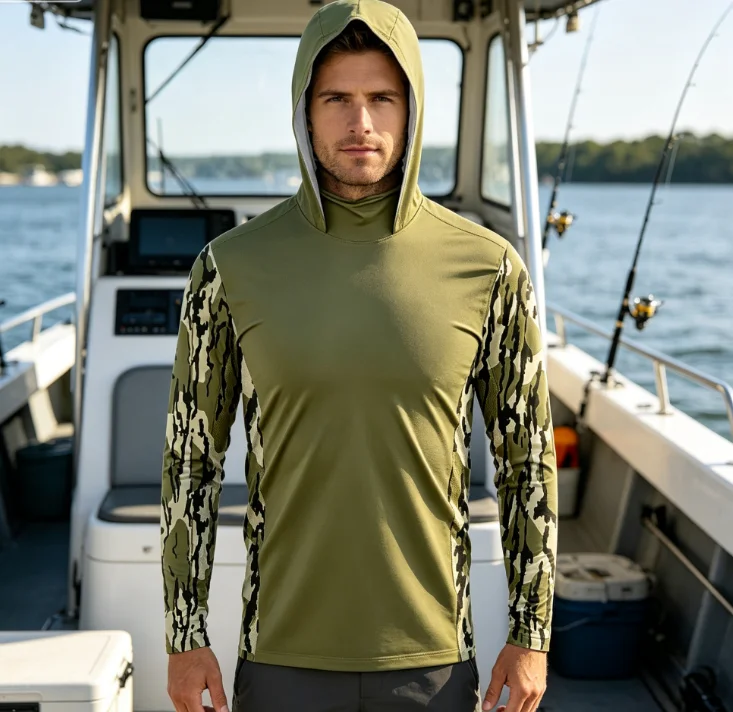 

Mens Outdoor Long Sleeve fishing clothes UV Clothing Hooded Coat Sunscreen Breathable Anti Mosquito Dry Thin Fishing Shirt