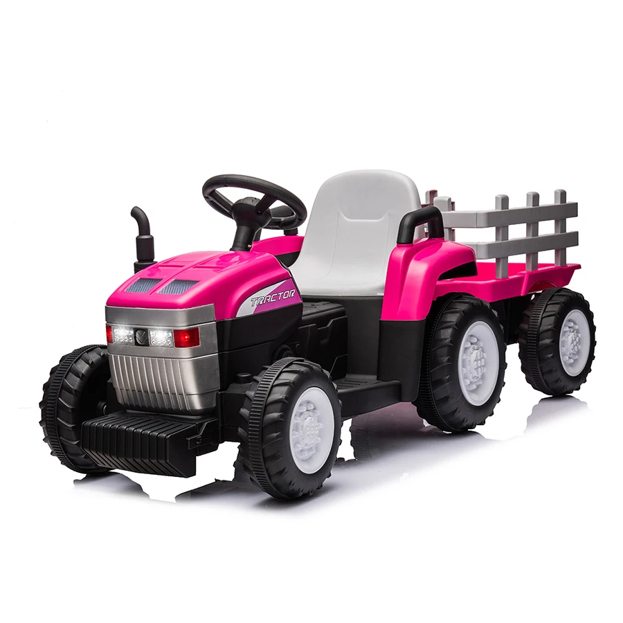 Pink 12V7Ah Electric Toy Tractor with Trailer, Remote, Dual Motor, LED Lights, Music, USB, Safety Belt - Ideal Gift for Kids