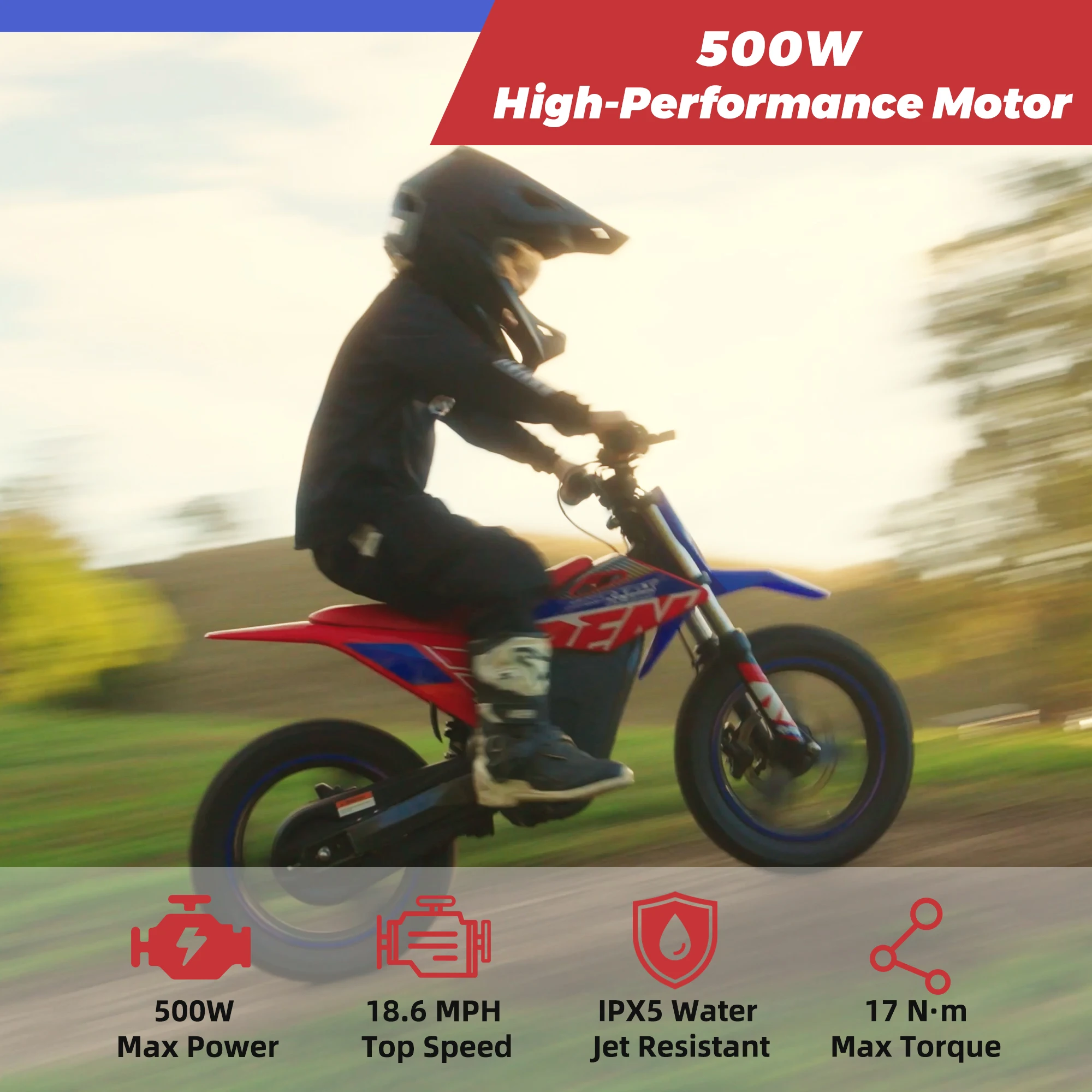 RFN E350 Kids Electric Dirt Bike – 36V 500W Off-Road Motorcycle, 18.6 mph, 11.2 Mile Range, 3-Speed Ride for Ages 4-8