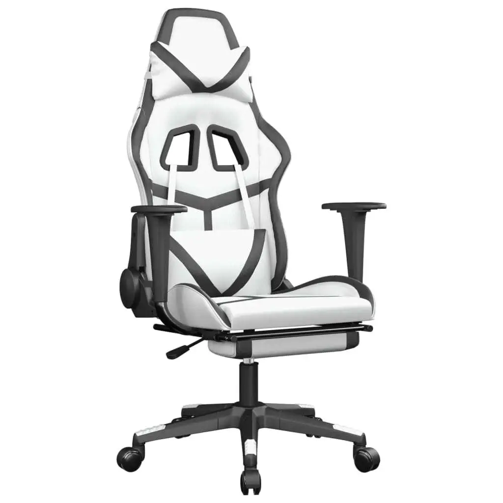 Cadeira ergonômica para jogos com apoio para os pés – design elegante em couro sintético branco e preto