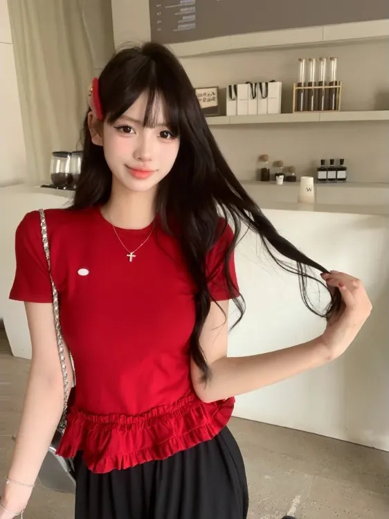 

Женская футболка больших размеров, приталенная, с круглым вырезом, коротким рукавом, красная, летняя, новая, модная, с деревянным принтом