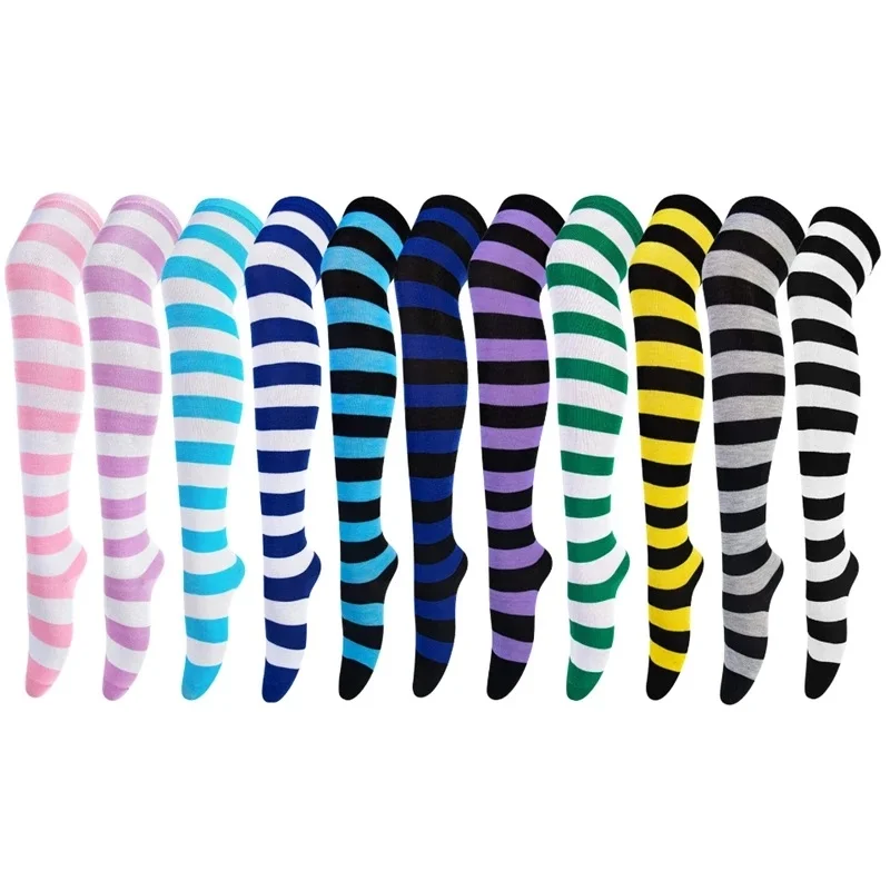 Chaussettes longues rayées pour femmes, bas au-dessus du genou, jambières hautes, tricotées en coton Kawaii, cadeaux sexy, mode