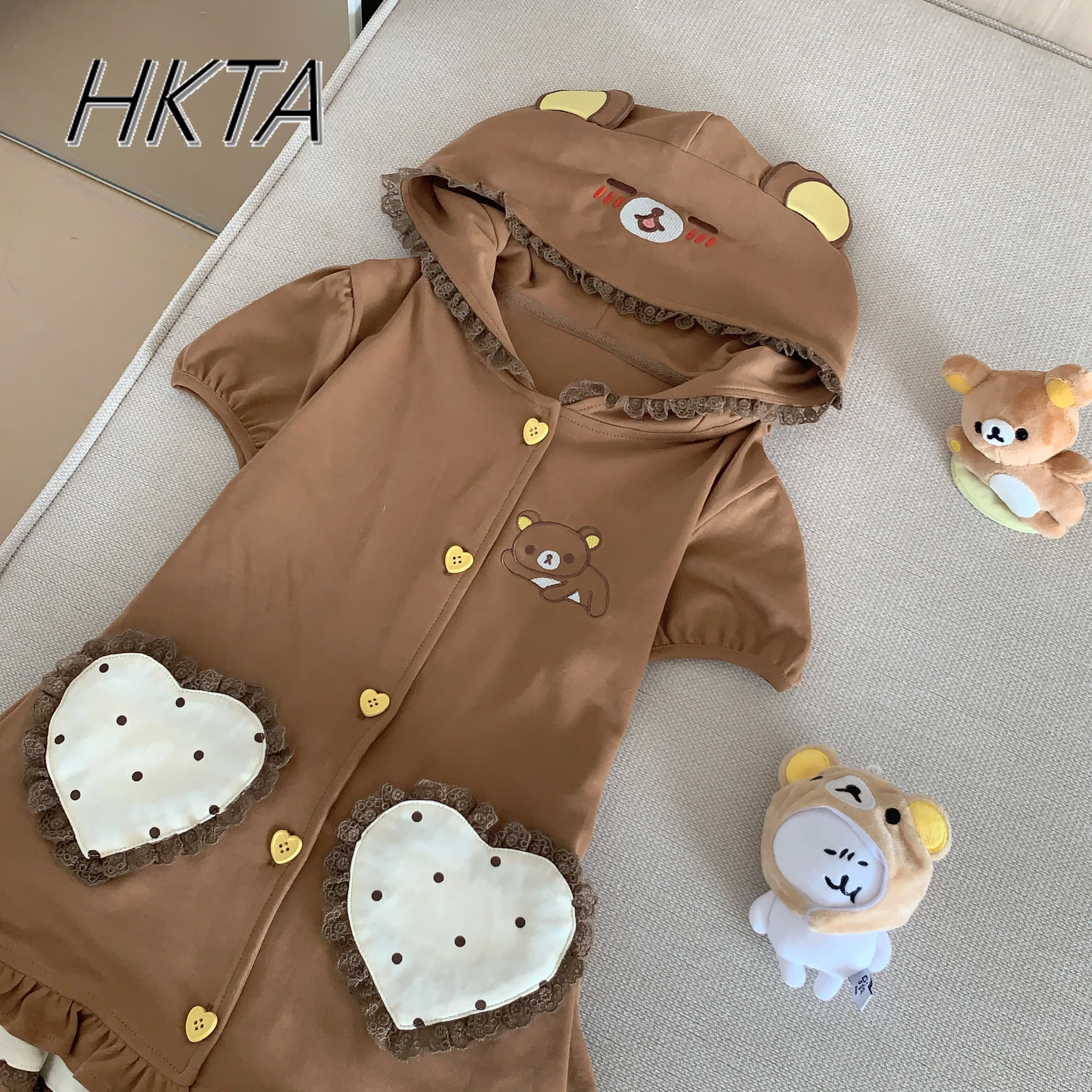 Style japonais mignon doux mignon brodé à pois dentelle à capuche été bulle à manches courtes mince marron manteau gâteau Mini jupes ensembles