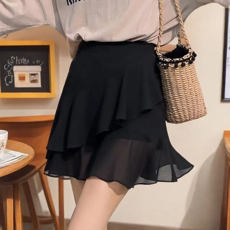 Silk Satin Black Women's Skirt Ruffle Flare Skirts For Woman Chiffon Clothes Stylish Offer Aesthetic Hot High Quality Casual Y2k