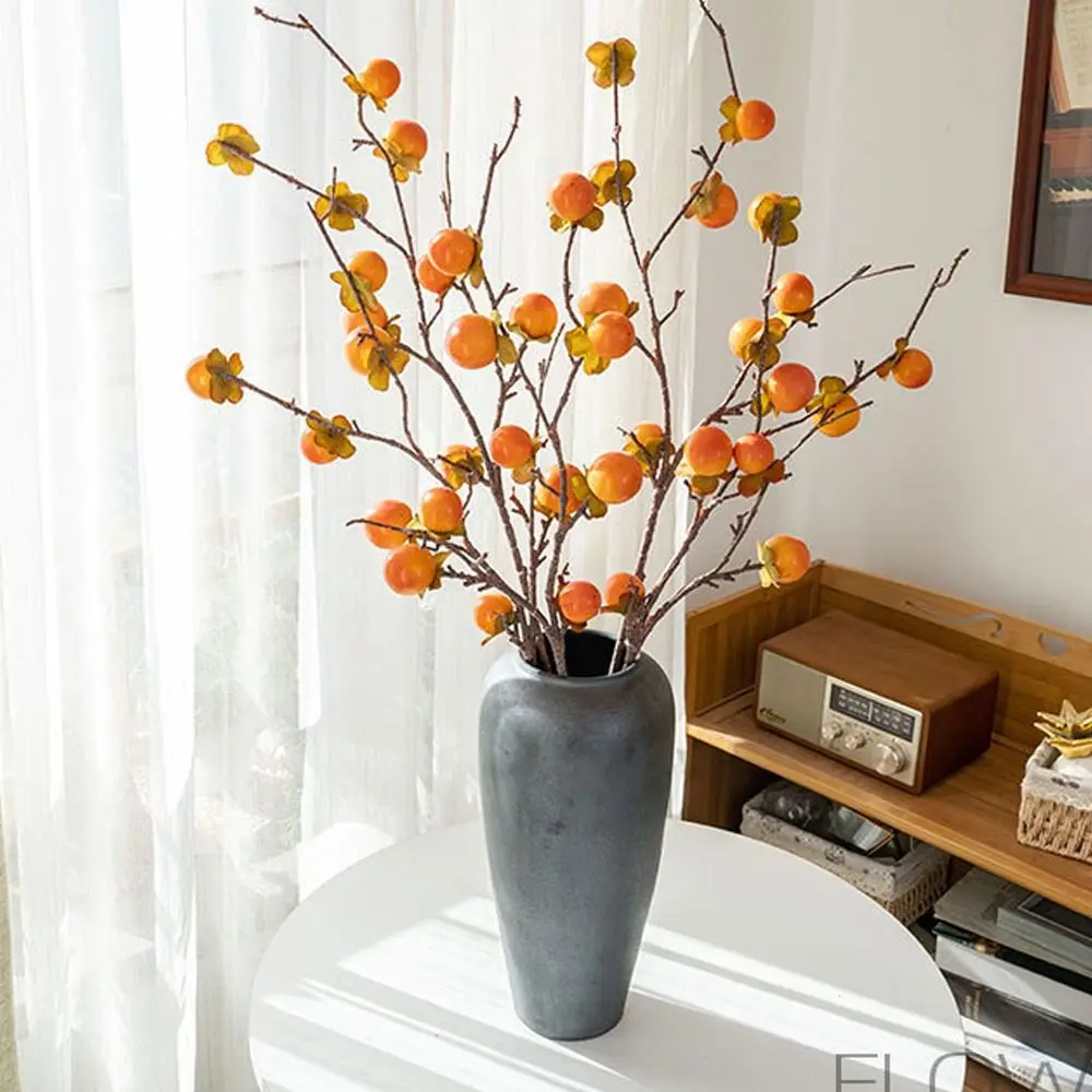 8-Fruit Artificial Persimmon Branches Realistic Handmade Simulation Persimmon Fruit Plastic Elegant Fake Plants Home Decorations