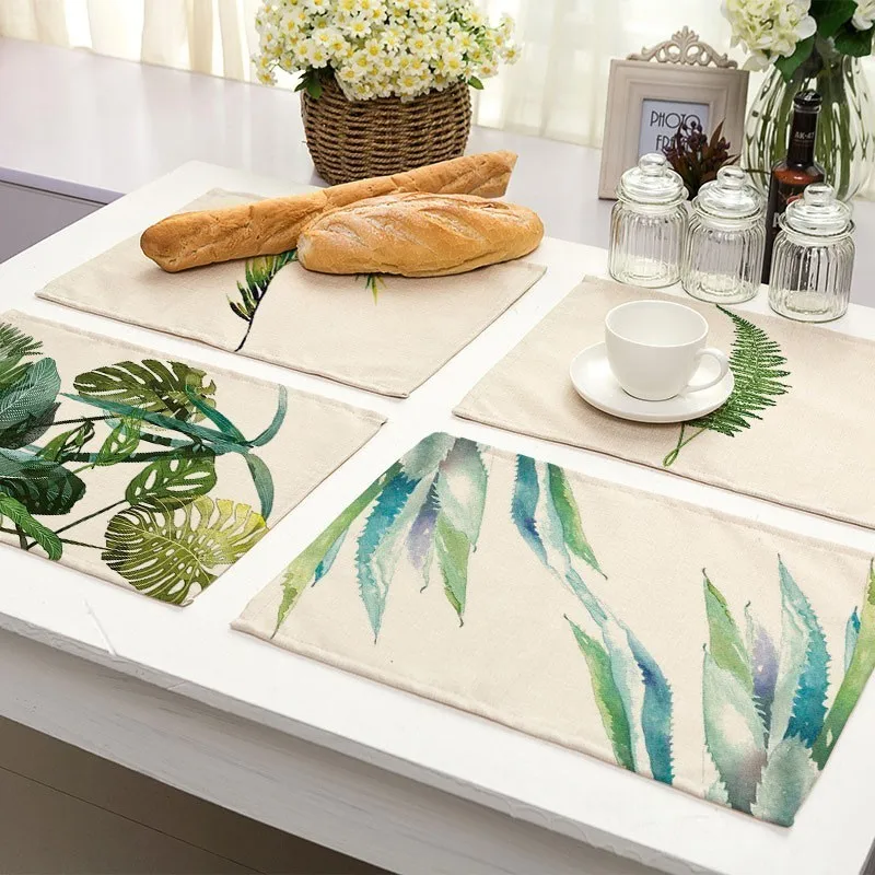 Tropical Plants Pattern Kitchen Placemat Dining Table Mats Coaster Cotton Linen Pad Bowl Cup Mat 45*32cm Home Decor