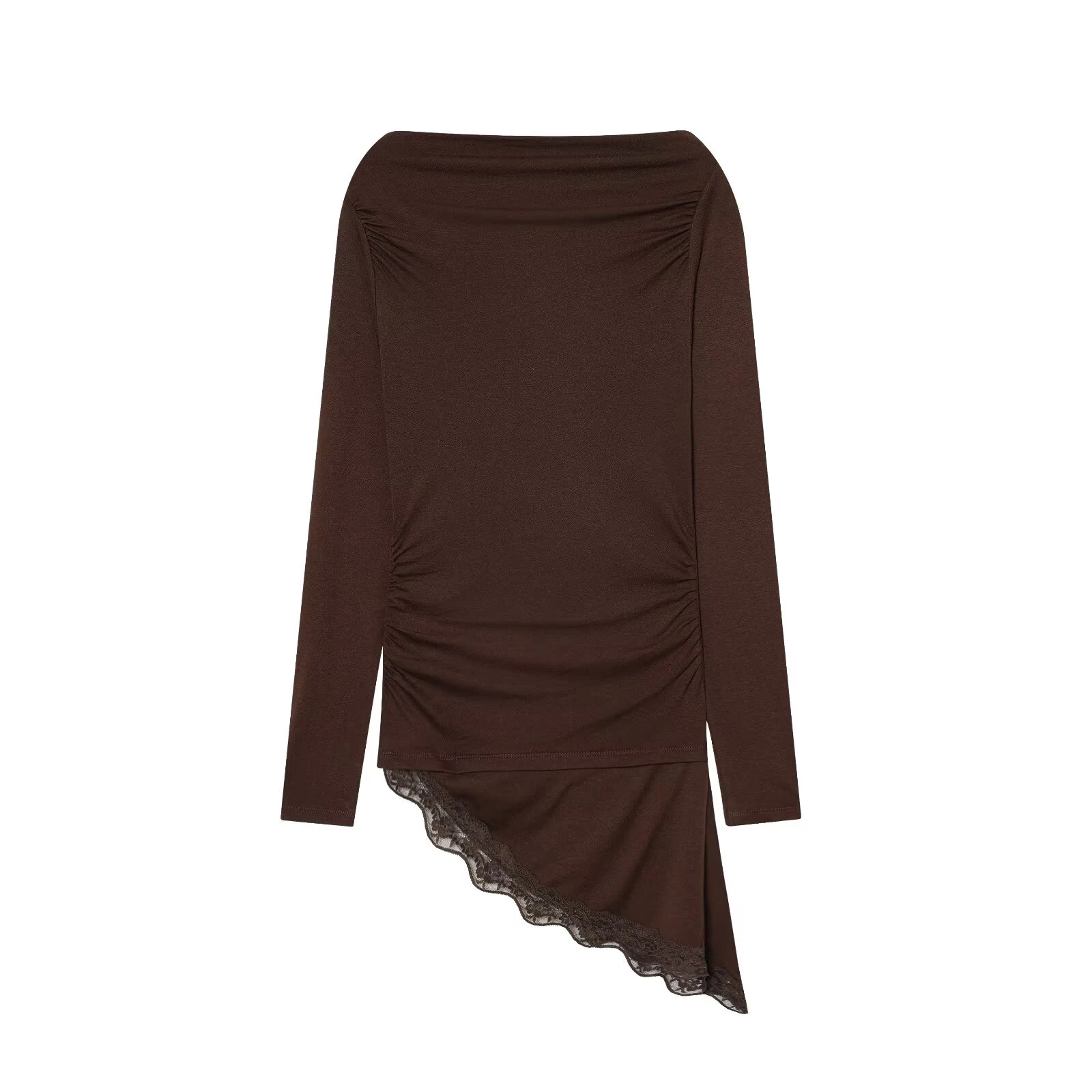 ZERAINS ملابس نسائية شتوية جديدة بتصميم بسيط مع ياقة قارب مطوية وأكمام طويلة وحاشية غير متماثلة تي شيرت من الدانتيل #3