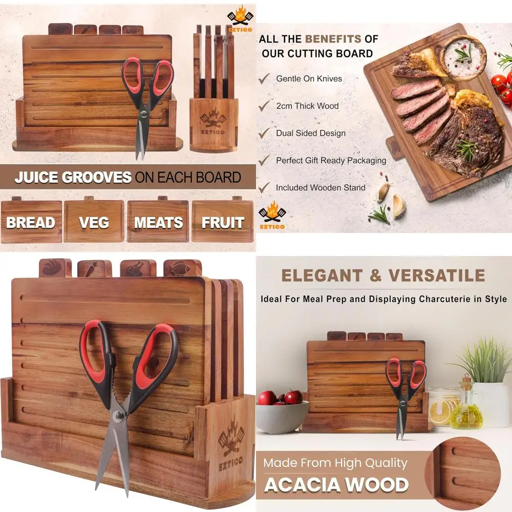 

Acacia Wood Chopping Board Set Including Scissors and Holder