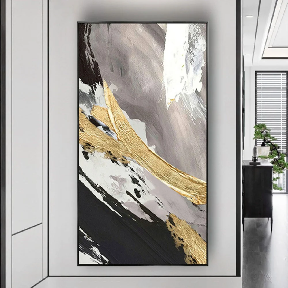 

Large Abstract Gold Oil Painting Gray And Black Vertical Panel Image Modern Wall Art Handmade Canvas Paintings Decor Home Life