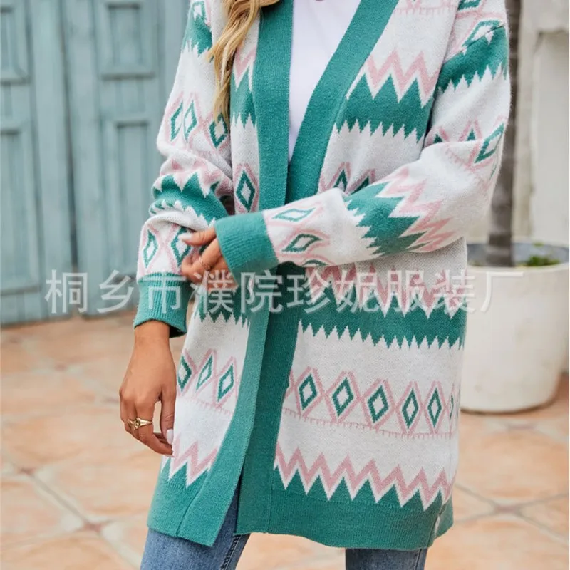 

Fashion Women's Contrast Color Geometric Pattern Knitted Cardigan Long Sleeve Fashion Sweater Jacket Street Style Knitwear