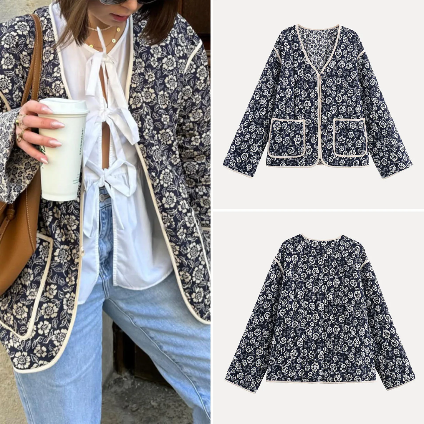 Damskie długie spodnie sportowe z dwustronnym nadrukiem, płaszcz z paskiem, jesień 2025, nowy, elegancki, kwiatowy wzór, dopasowany krój, kurtka.