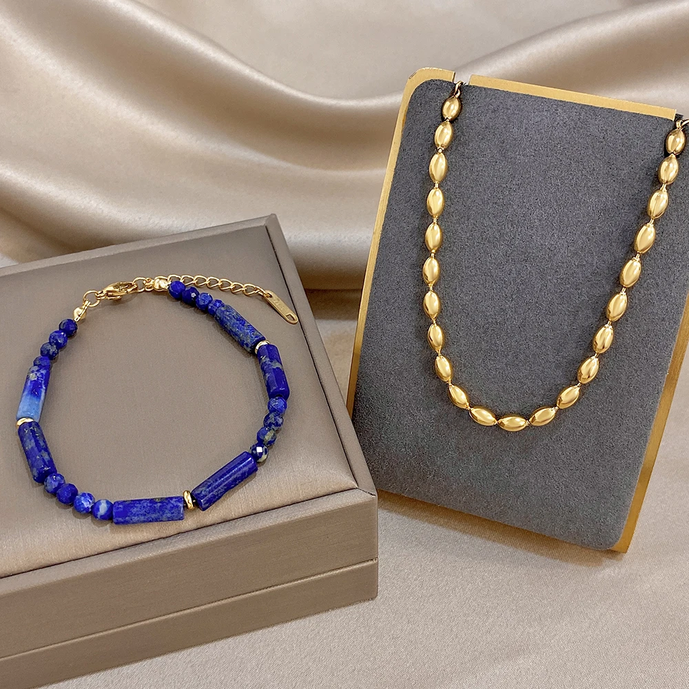 Freetry Elegant Golden Stainless Steel Beaded Bracelet Women Retro Stackable Blue Natural Stone Tube Beads Bangle Jewelry Gift