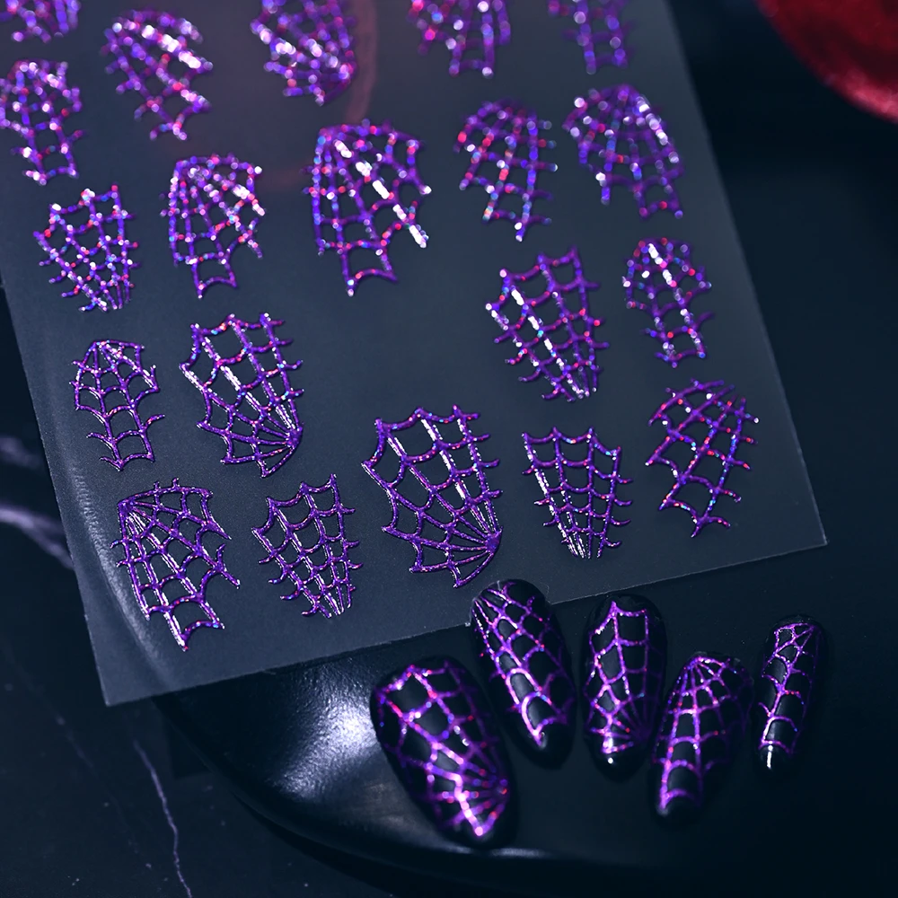 1 Blatt 3D Holographische Glitzer-Spinnennetz-Nagelaufkleber Halloween Glänzende Laser-Spinnennetz-Nagelsticker Selbstklebende Nageldekoration – Detail 8