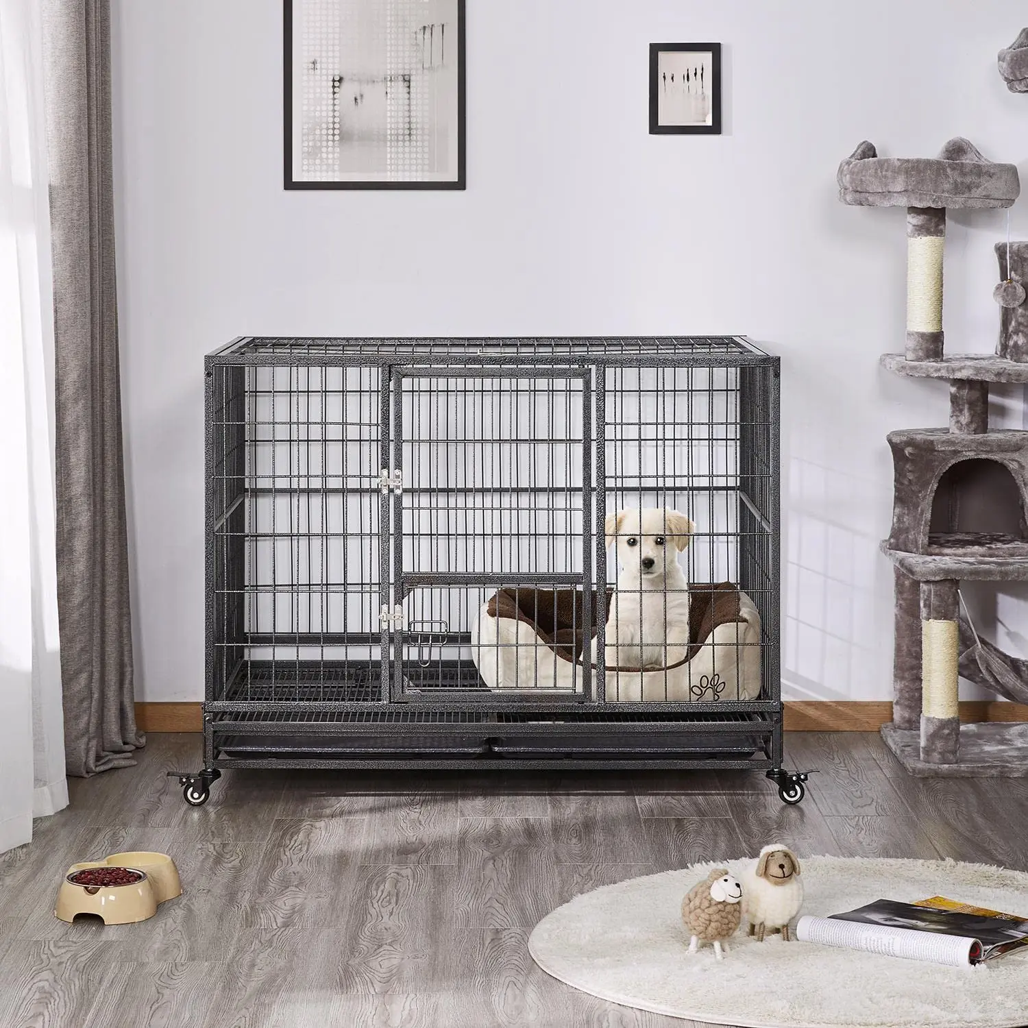 43 Inch Collapsible Open Top Metal Dog Crate w/Double Doors, Customized