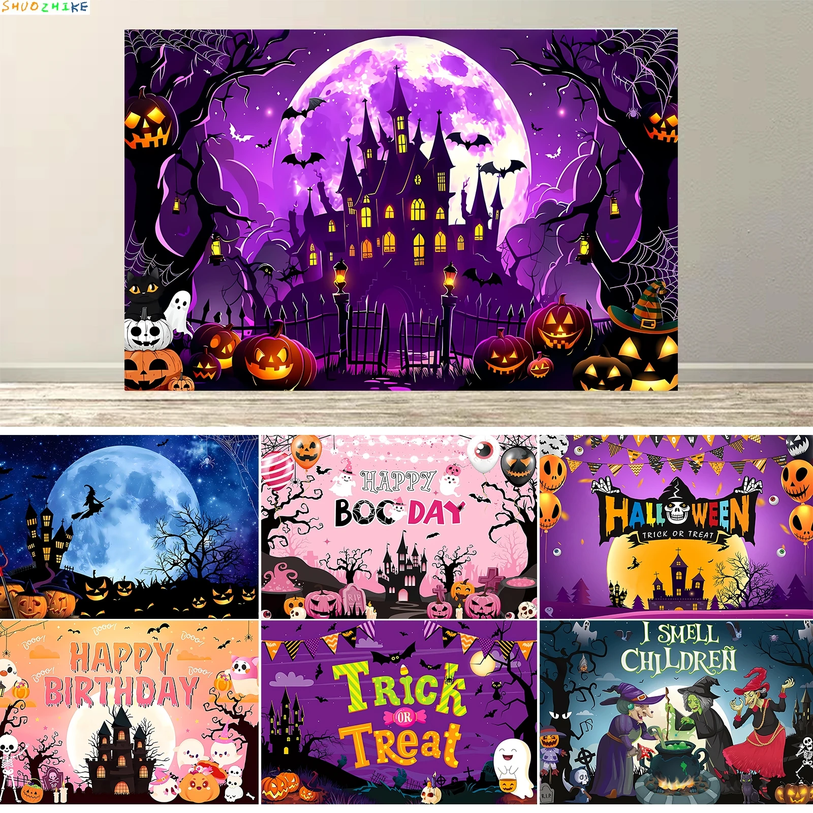 

Happy Halloween Decorations 2025 Backdrop Moon Witch Castle Lantern Pumpkin Curtain Photo Children Party Decor Props Background